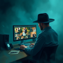A digital painting in a painterly style, featuring deep teal and misty atmospheric colors, cinematic lighting, and a focus on rich textures, capturing a photographer in a black hat, editing vibrant wedding photos displayed on their computer screen….webp